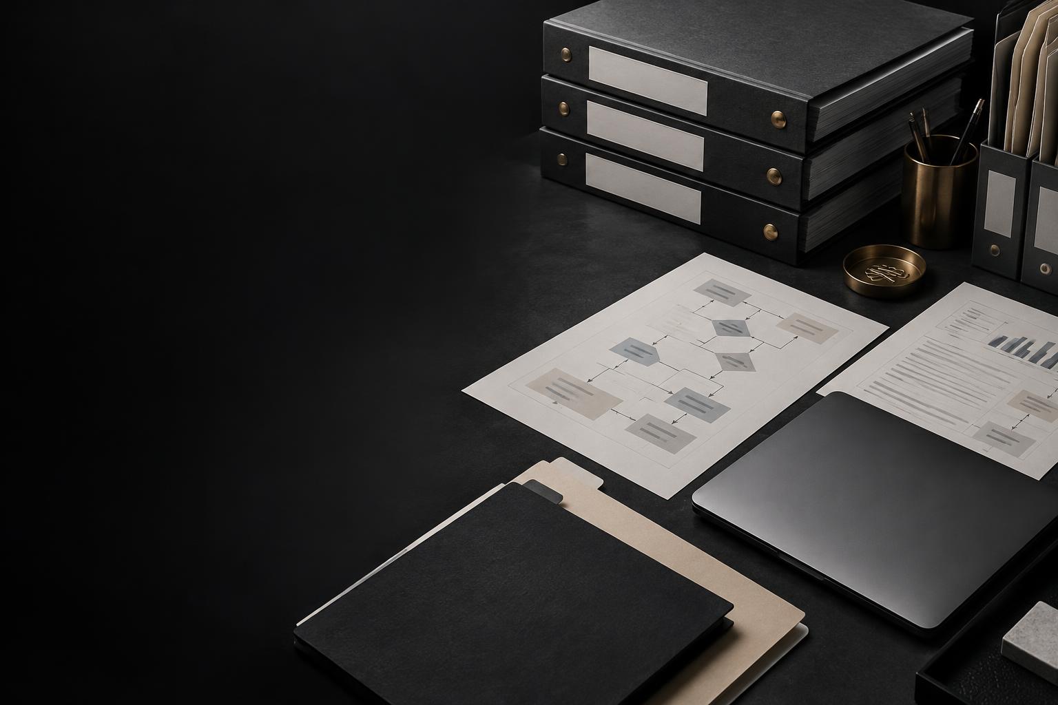 Operational documentation and archival records arranged on a dark work surface